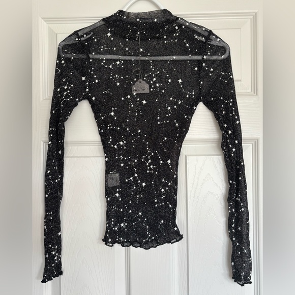 BNWT Stretch Women's Mesh Sheer Starry Top, Black/White - Picture 6 of 8